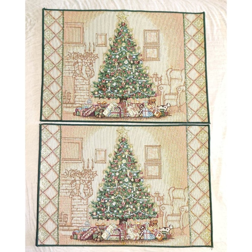 2 Vintage Christmas Morning Tree Gift Placemats for Couple or Replacement 12x18"